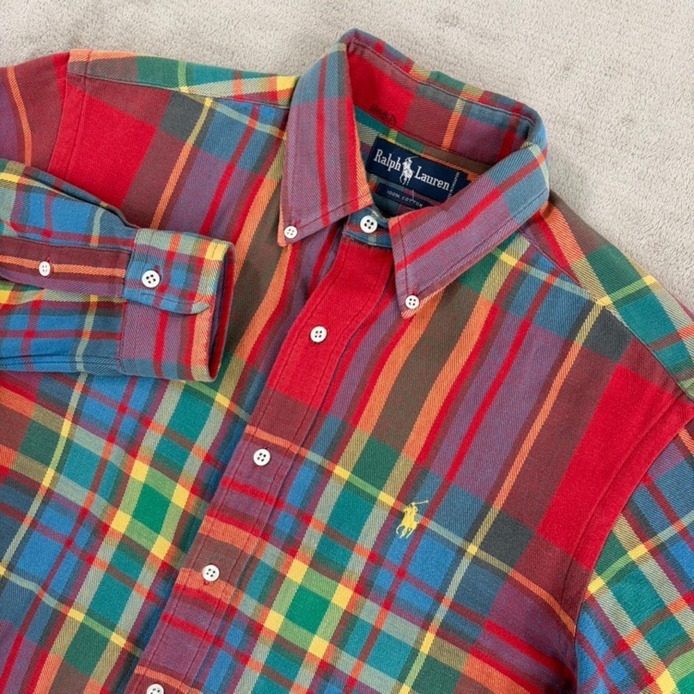 Vintage 80s 90s Polo Ralph Lauren Flannel Shirt in Multi Plaid Men Medium Pony